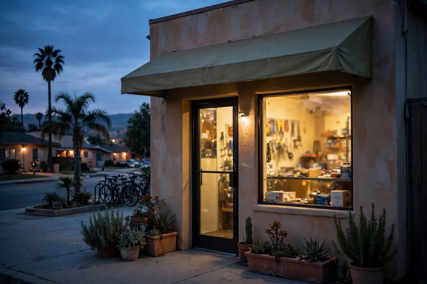 A small neighborhood shopfront at dusk